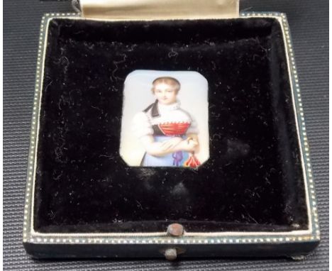 19th Century enamel on copper miniature depicting a continental young woman with an umbrella, 32mm x 22mm (hairline crack) wi