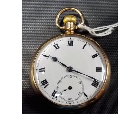 9ct gold crown wind open faced pocket watch, the white enamel dial with Roman Numerals and subsidiary seconds dial, the case 