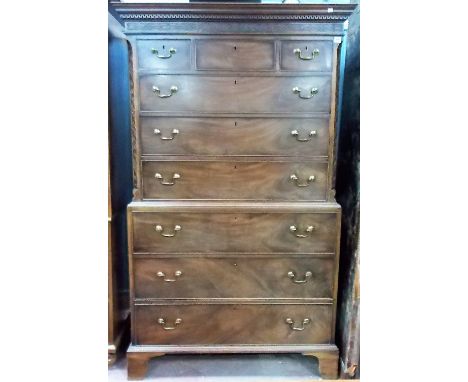 George III mahogany Chippendale influence chest on chest, the moulded Greek key cornice over the top chest with blind fret to