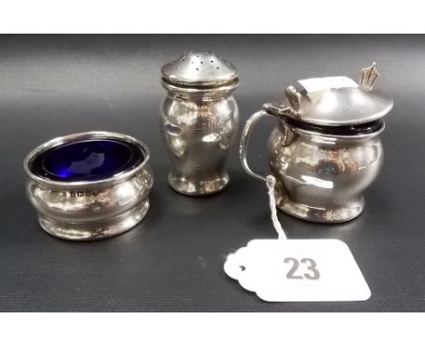 Silver 3-piece cruet of baluster form, comprising a mustard pot & spoon, salt & pepper shaker, Birmingham 1938, 1939, weight 