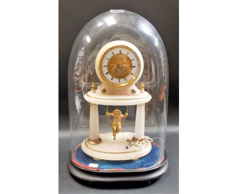19th Century French white onyx timepiece, with 3" white enamel chaptering with black Roman Numerals and with visible movement