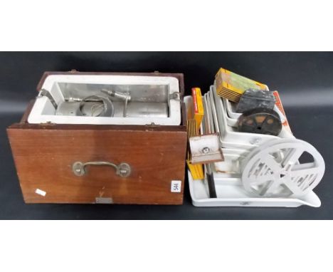 Vintage photographic equipment including ceramic developing trays by Carnitine and a mahogany developing box 'The Magic Box P