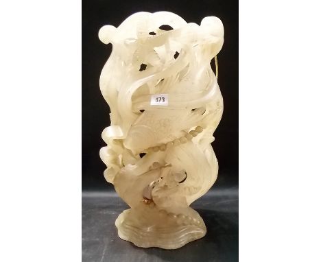 Interesting Chinese white alabaster carved and pierced vase decorated with two fish with bubbles amongst sea grass, height 18