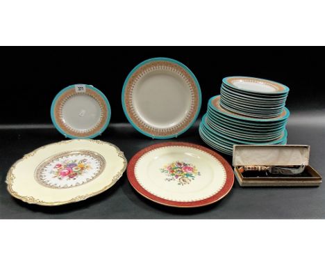 Royal Worcester vitreous dinner plates brown transfer printed with a powder blue rim; together with two Cauldron plates & a R