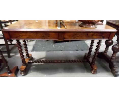 Victorian walnut sofa table, the moulded top over two frieze drawers upon turned barley twist supports united by a stretcher,