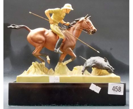 Good Royal Worcester porcelain group 'Hog-Hunting' modelled by Doris Lindner, no. 3164, within original ebonised rectangular 