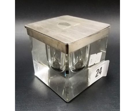 Art Deco cube glass inkwell with hinged engine turned lid, maker W. & B.S, Birmingham 1931