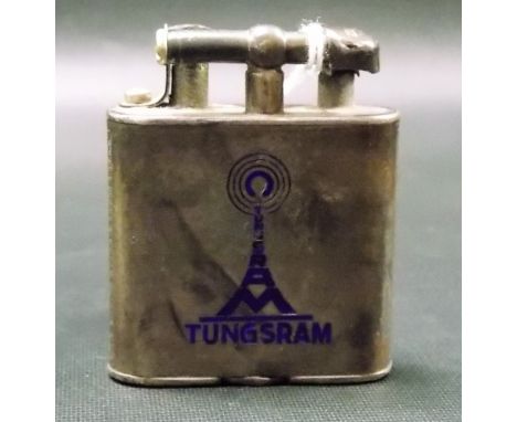 Silver cigarette lighter by Dunhill, one side engine turned, the other with blue enamel radio mast marked Tungsram, London 19