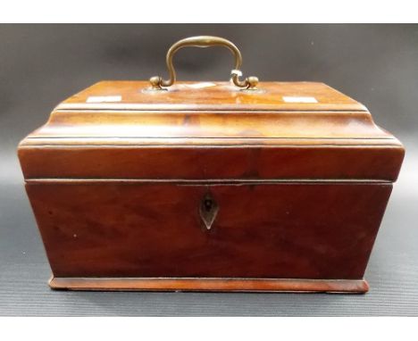 Early 19th Century mahogany 3-section tea caddy, the moulded hinge lid with brass carrying handle enclosing three compartment