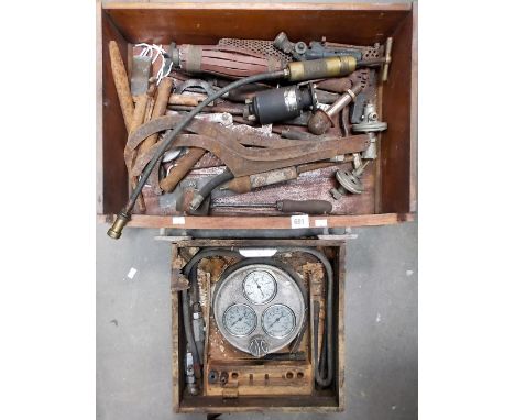 Box of vintage car tools etc