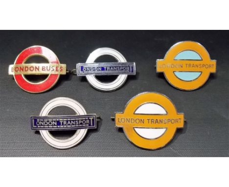 Four London Transport enamel cap badges; together with a London Buses cap badge
