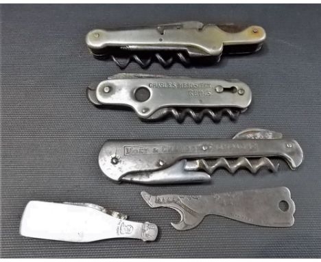 Advertising combination pocket knife & corkscrew for Moet & Chandon champagne & Courvoisier brandy; together with two other c