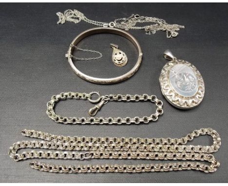 A hallmarked silver bangle; together with a white metal fancy link belcher necklace and bracelet, silver pendant necklace and