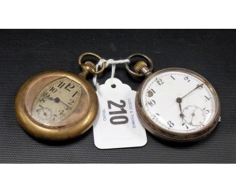 Silver crown wind open face pocket watch, the enamel dial with Arabic numerals and subsidiary second dial, fifteen jewel Swis