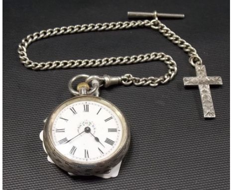 19th Century silver engraved ladies' crown wind pocket watch, the white enamel dial with Roman numerals; together with a curb