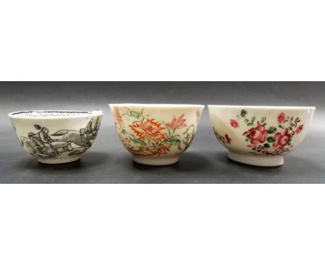 Two 18th Century Chinese famille rose foliate decorated tea bowl; together with an 18th Century Newhall tea bowl, polychrome 