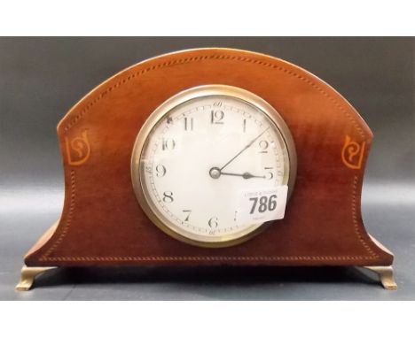 Small mantel timepiece with white enamel dial with Arabic Numerals, French movement, within a box & ebony inlaid mahogany cas