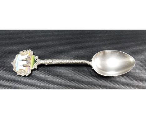 Edwardian silver enamel souvenir tea spoon depicting Truro Cathedral, Birmingham 1909