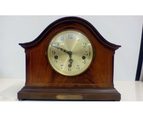Westminster Chime Mantle Clock Checkered Inlay Presentation Plate Dated 1915 Working Order