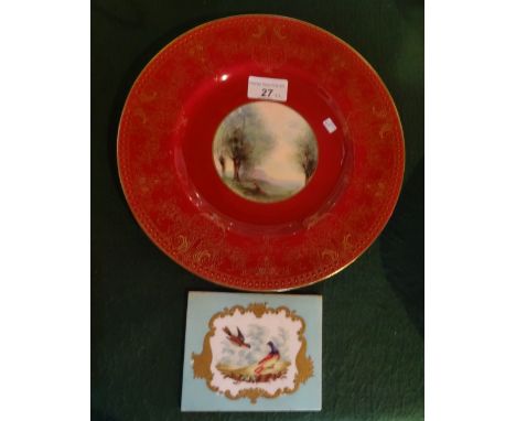 A Royal Worcester cabinet plate, having hand painted decoration by G. H. Evans within a red and gilt decorated border (26.5cm