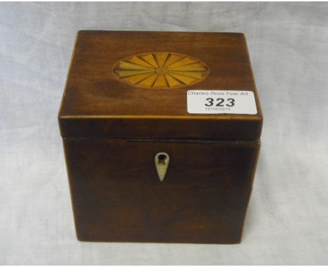 An Edwardian inlaid single tea caddy, having ivory escutcheon, 11 x 11 x 9.5cm.