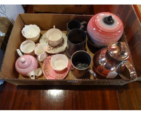 A box containing a quantity of miscellaneous items, to include: an Arts & Craft-style copper jug marked 'Martin's, Guernsey',