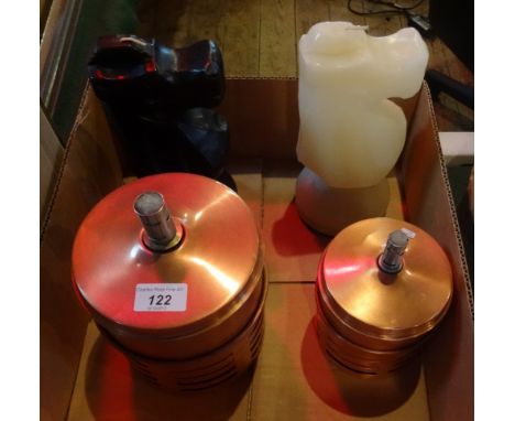 Two twentieth century Aristo windproof garden oil lamps (Danish made), together with a pair of large candles, each modelled a