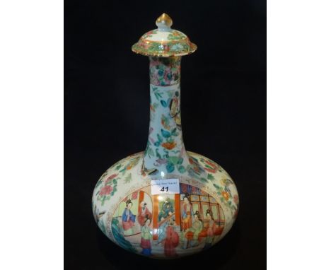 A 19th century Chinese Canton-decorated Famille Rose bottle jar and cover, painted with figure groups within reserves on an i