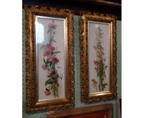 K. G. Waites, a pair of oils on glass, late 19th century, tall stemmed flowers, one signed, each 47cm x 15cm, glazed in ornat