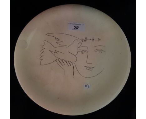 After Picasso, a 23.5cm diameter plate, transfer decorated with a female face, hand and Dove of Peace, the reverse with facsi