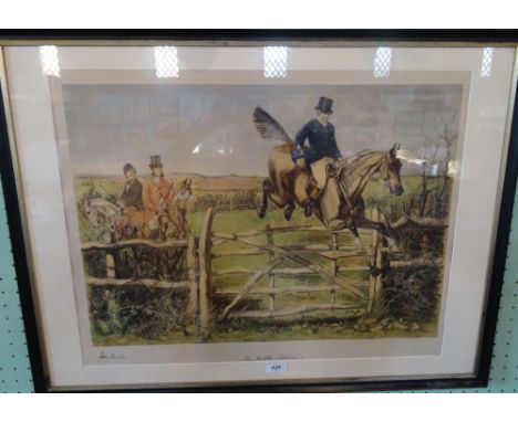 John Leach, 'The Noble Science', a print of a huntsman jumping a gate, signature to bottom left corner, 51cm x 66cm, together