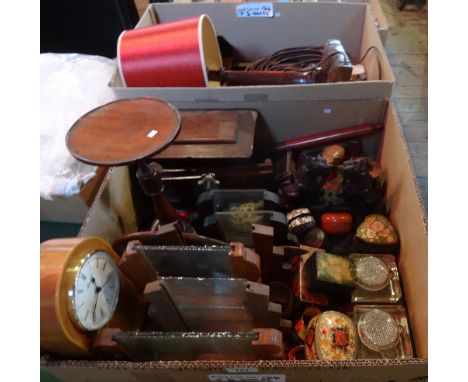 Two boxes containing a good quantity of miscellaneous items, to include: mahogany tea caddy, six Art Deco-style photo frames,