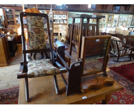 A swivel toilet mirror, together with an Edwardian tile topped plant stand, a two tier wooden shoe rack and a folding upholst