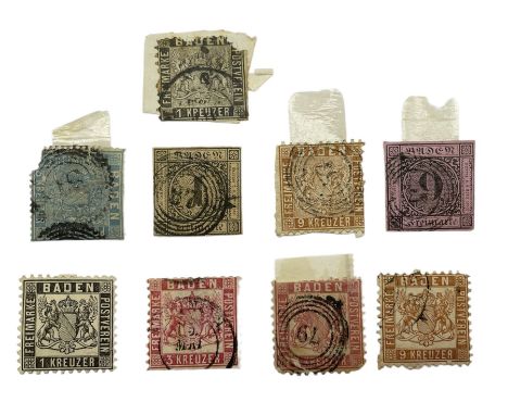 German States - Baden, nine stamps from 1851 and later, housed on two stock cards 