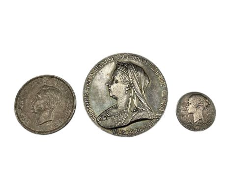 Queen Victoria large and small Diamond Jubilee medallions both in silver and King George VI 1937 crown coin