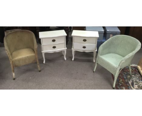 Two Lloyd Loom armchairs and a pair of white bedside cabinets.NO RESERVE