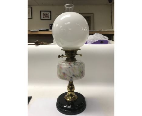 An oil lamp with white shade an Romanian glass font. NO RESERVE.