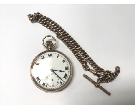 A 9ct rose gold cased button wide pocket watch with Roman numerals, white enamel dial and subsidiary dial alongside a 9ct ros