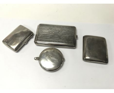 Two silver cigarette cases, a white metal cigarette case and a silver compact. Weight approx 387.1g - NO RESERVE