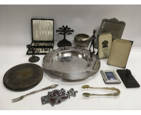 A collection of metalware including a Victorian silver pickle fork, an Art Deco design silver plated dish, a 1953 Coronation 
