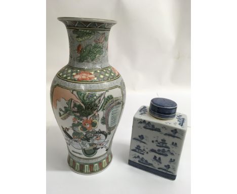 A Chinese blue and white painted tea caddy and a famille vert vase painted with warriors.Approx 30 and 17cm high respectively