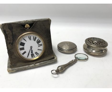 A silver compact together with silver pill box small plated button wind watch and a small magnifying glass. NO RESERVE.