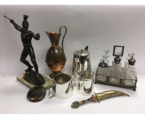 A collection of metalware including a cutlery set, three piece tea service, six piece cruet set and other items. NO RESERVE.