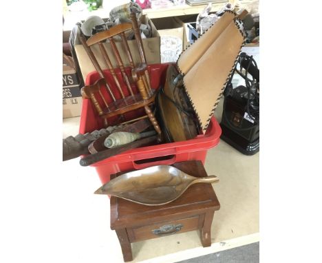 A collection of wooden items including a lamp in the form of a sailing boat, a doll's chair etc.
