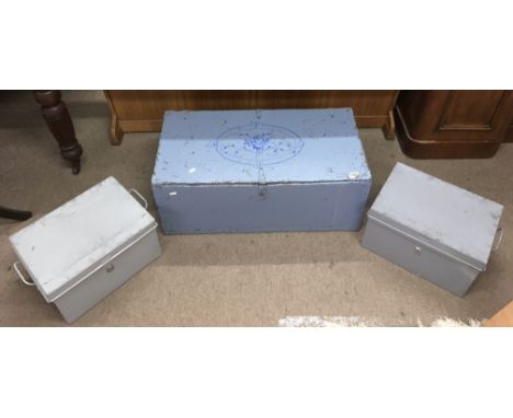 A painted wooden trunk and two metal safe boxes. NO RESERVE