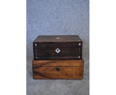 A 19th century rosewood and mother of pearl inlaid sewing box and another walnut similar. H.10 x 28cm 