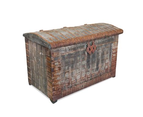 An Indian teak and metal bound domed top trunk 78 x 121cm (30 x 47in)  