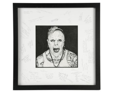 Kirk Andrews (British contemporary) A charcoal portrait of Keith Flint, framed and mounted with various inscriptions to the m