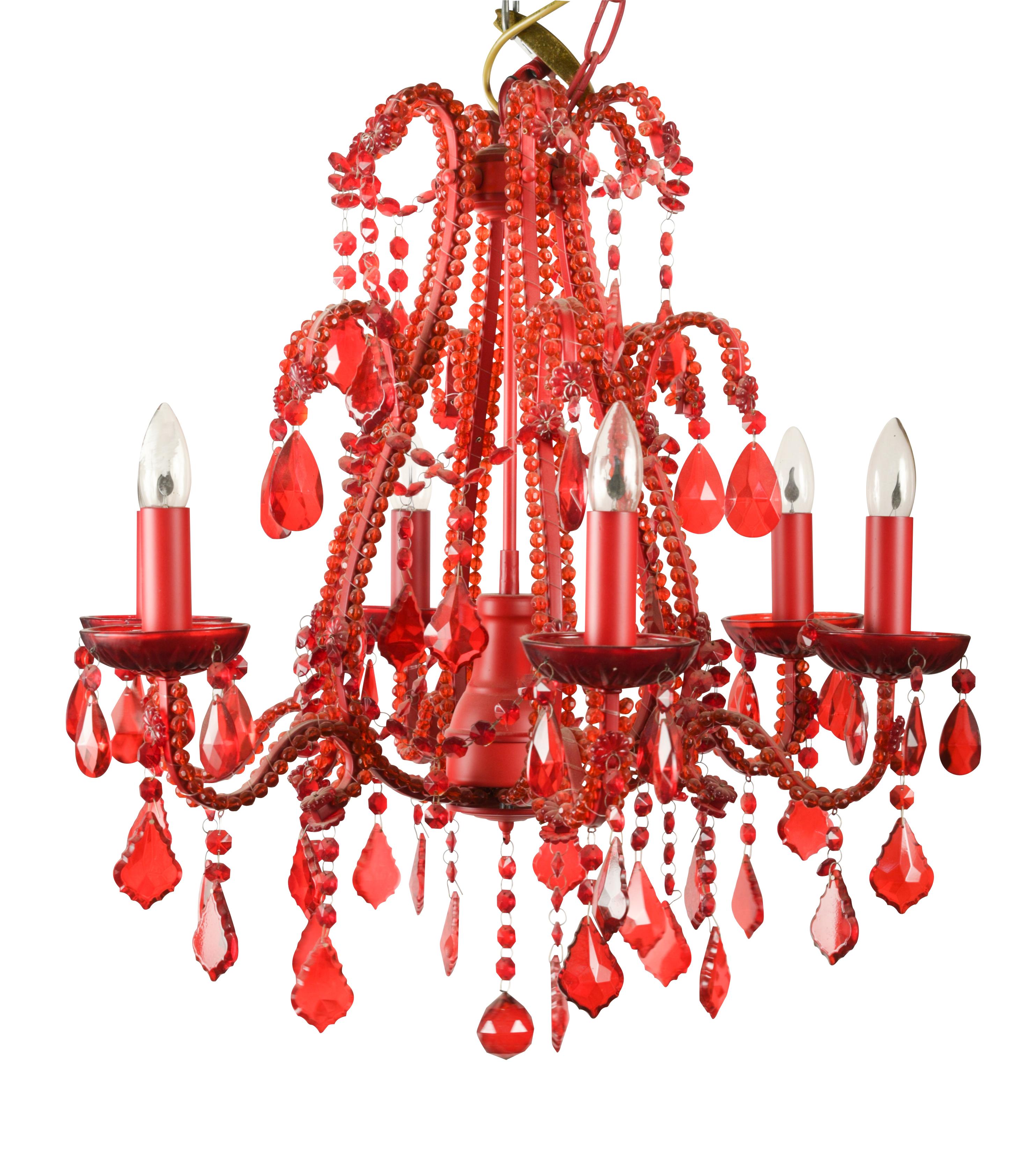 A pair of six branch red glass chandeliers, each encrusted with glass