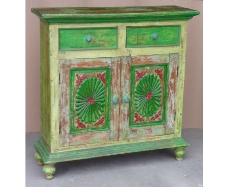 Green wooden carved panel door cabinet, 119x116x39cm. 